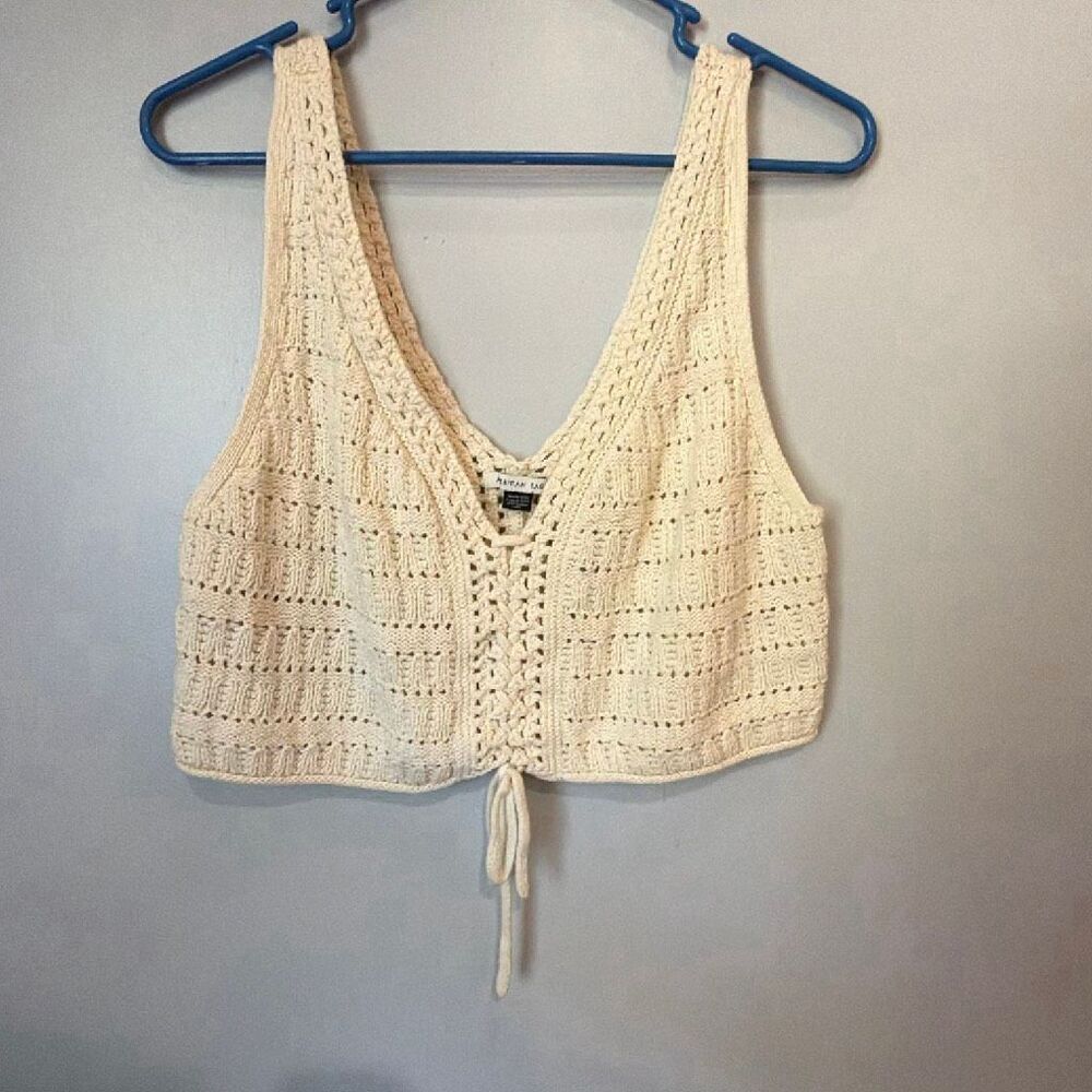 American Eagle Cropped Lace-Up Knit Tank Top Crochet Cream XL Coquette #1100 - Picture 3 of 8